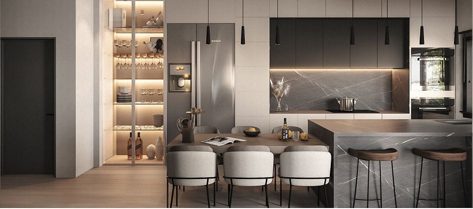 Custom villa kitchen with fitted cabinets and stone countertop