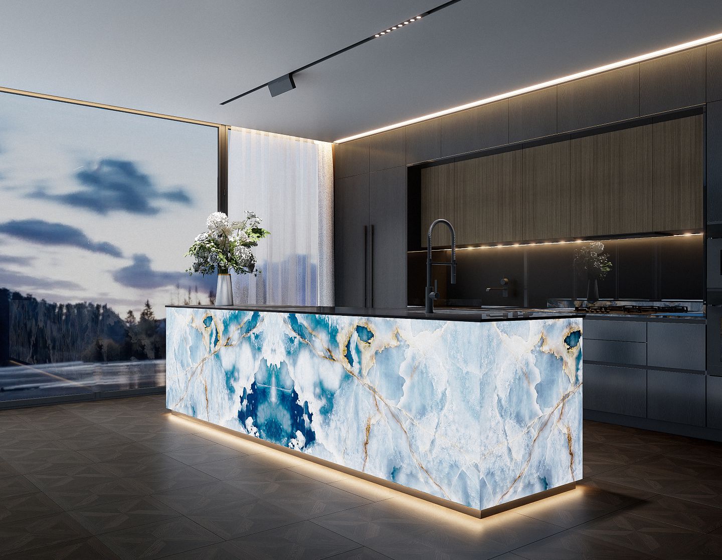 Custom kitchen cabinets with stone countertops built for Gulf climate
