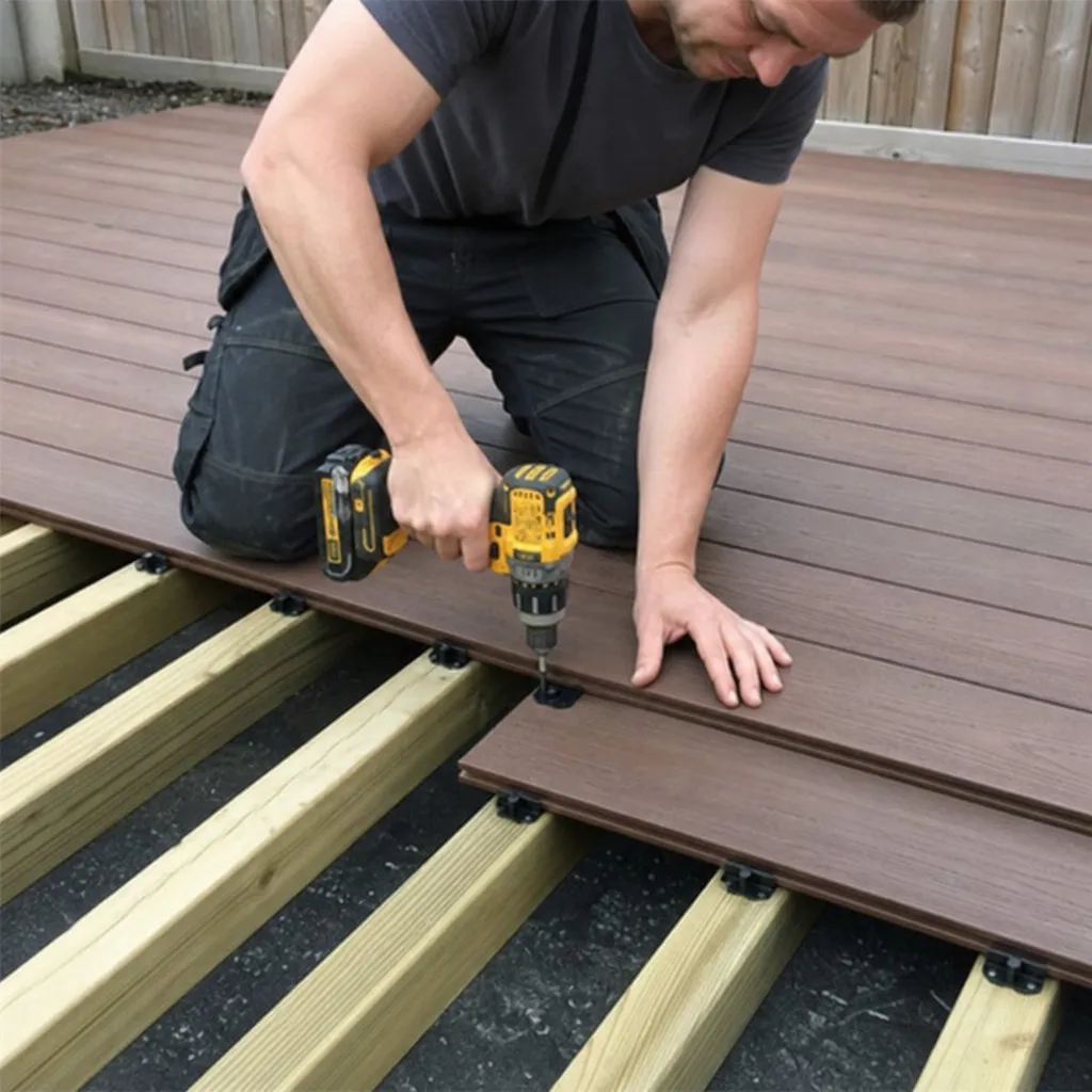 Contractor installing decking boards using a hidden fastener system