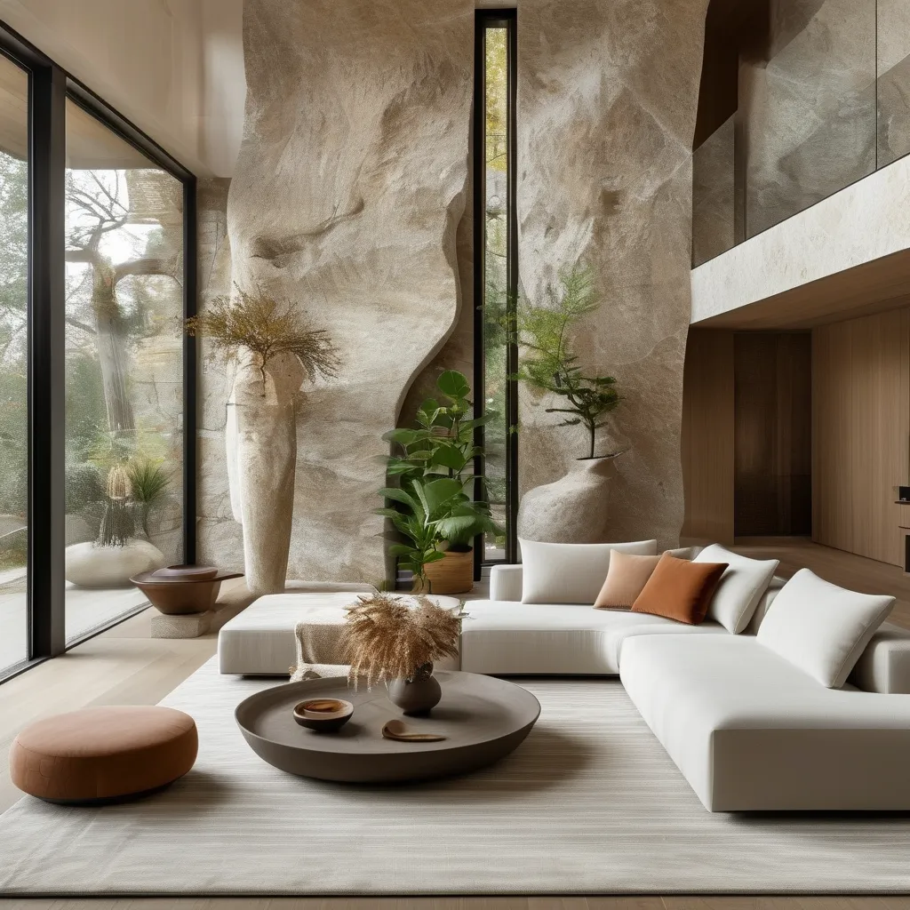 Biophilic design living room with natural materials and plants