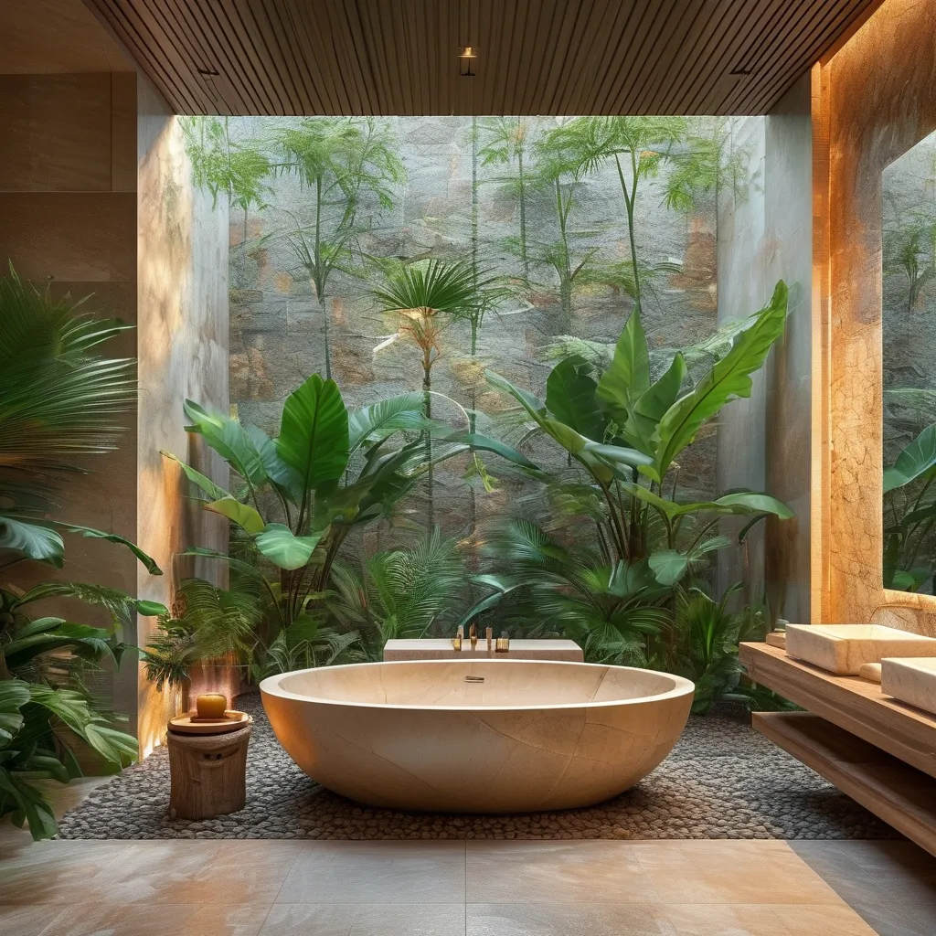 Biophilic bathroom spa with natural stone tiles and tropical plants