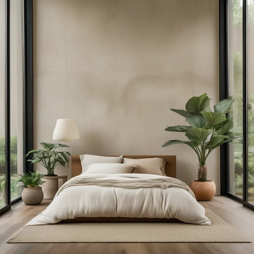 Biophilic bedroom with natural materials and calming garden view
