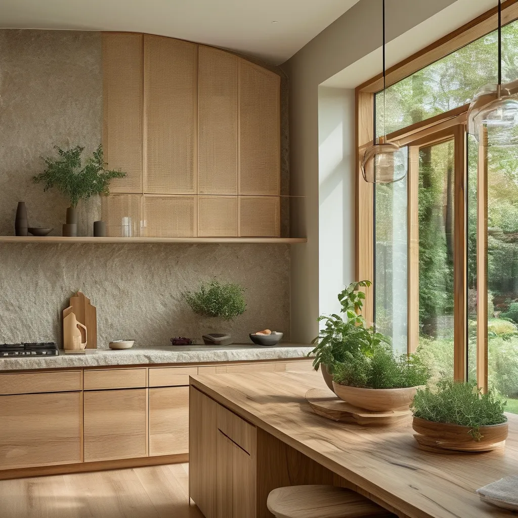 Biophilic kitchen with natural stone countertops and indoor herb garden