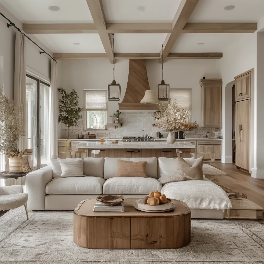 open-plan living room flowing into a remodeled kitchen