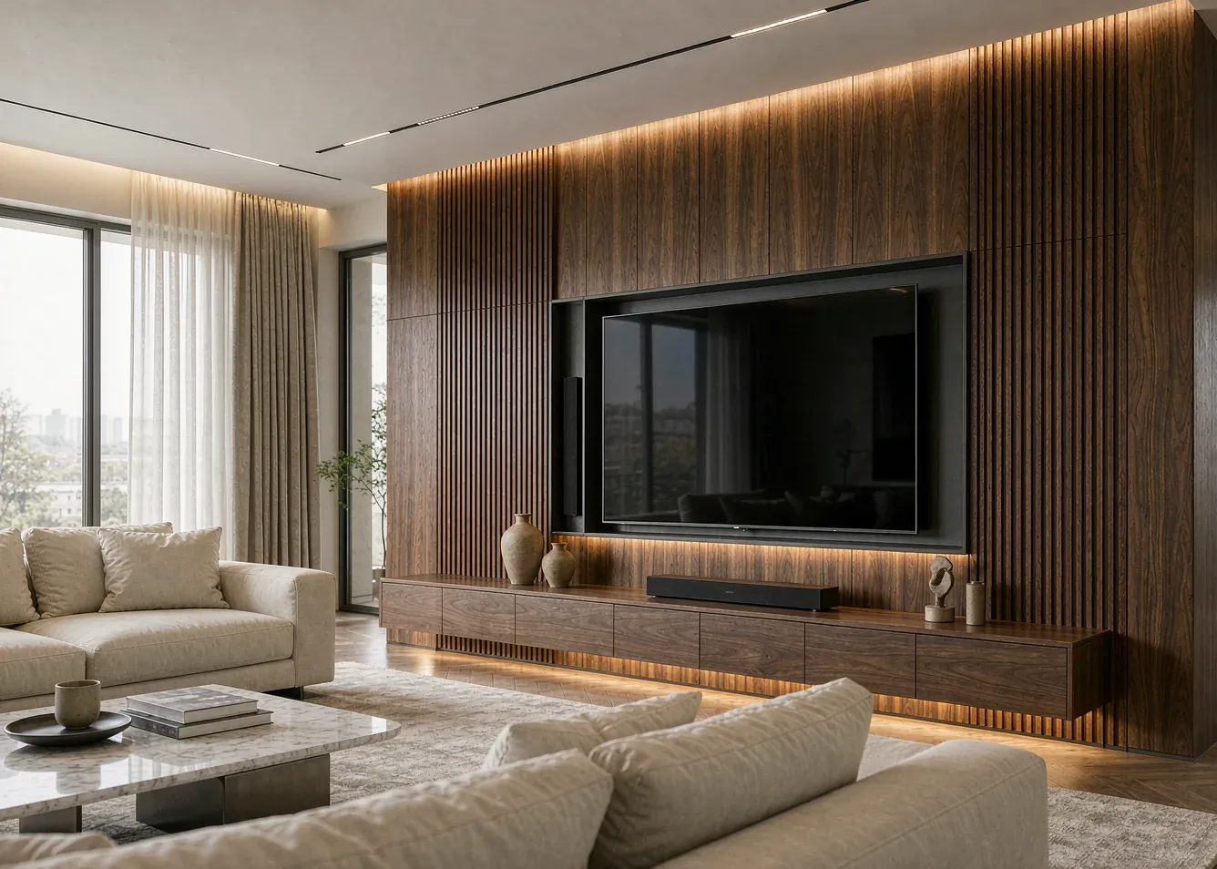Modern luxury living room with TV cabinet and media wall