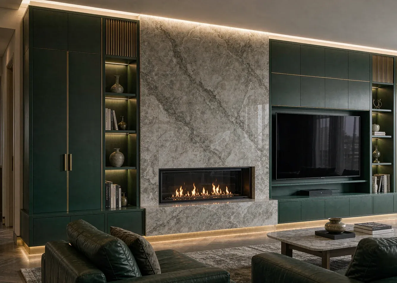 Luxury media wall with stone cladding and electric fireplace