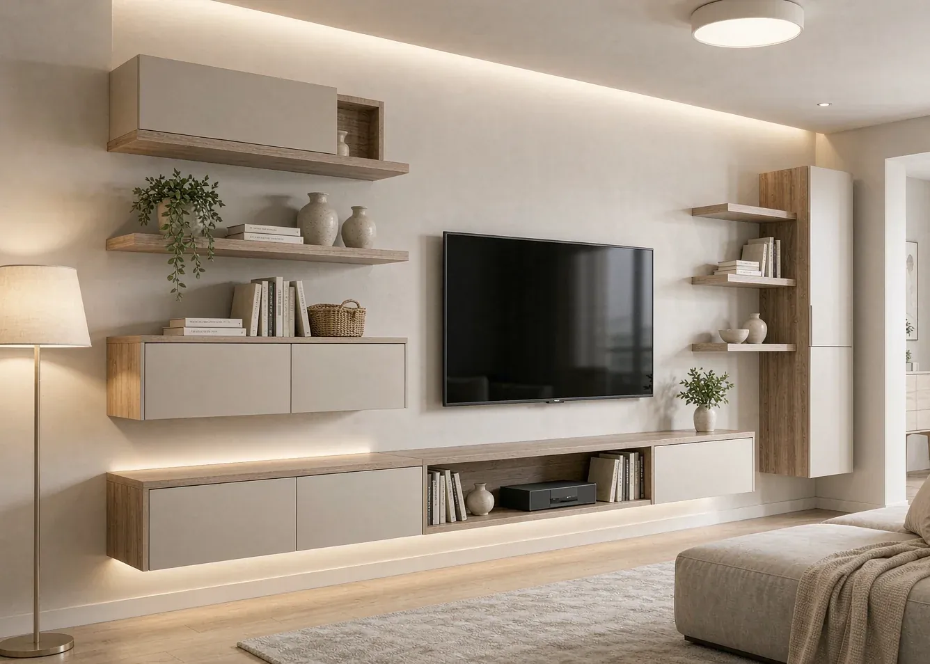 Space-saving wall-mounted TV cabinet for small apartments