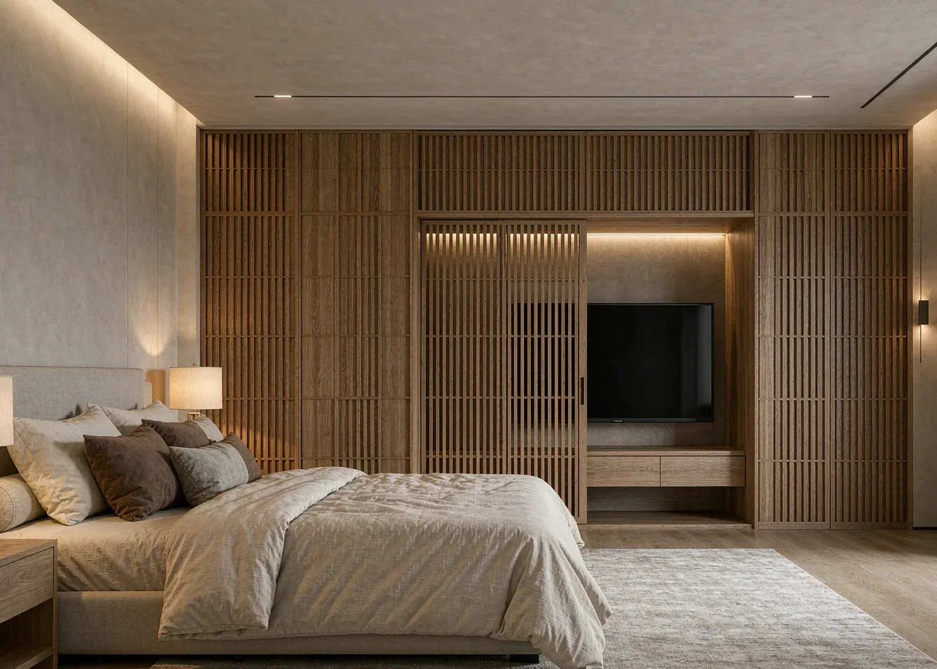 Modern bedroom TV cabinet niche with sliding wood panel