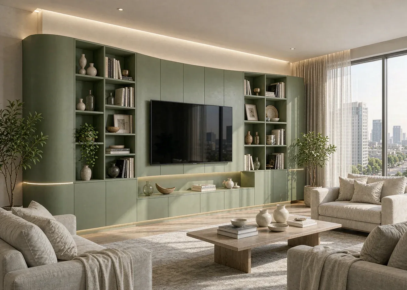Curved sage-green media wall with open shelving