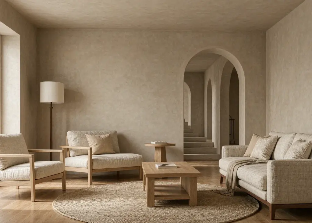 Creamy wabi-sabi living room with microcement walls and oak furniture