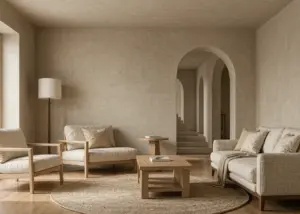 Creamy wabi-sabi living room with microcement walls and oak furniture