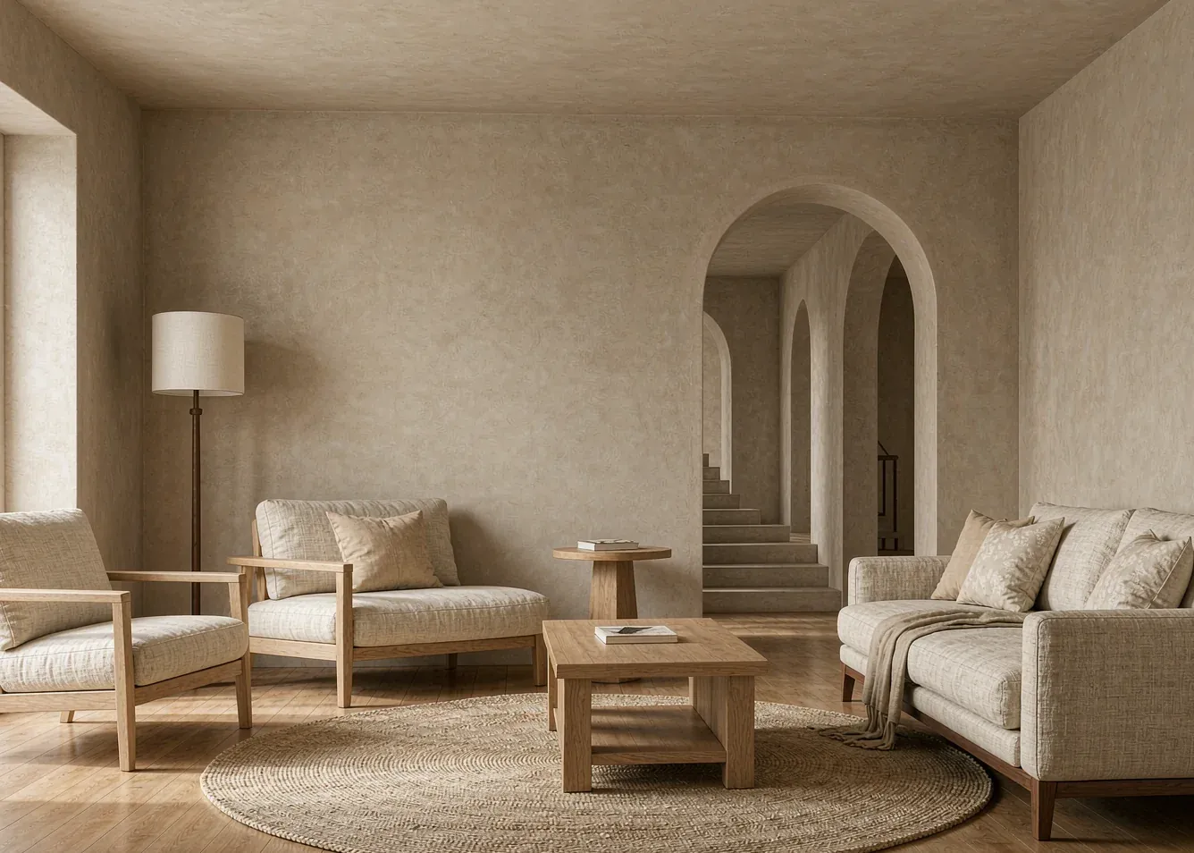 Creamy wabi-sabi living room with microcement walls and oak furniture