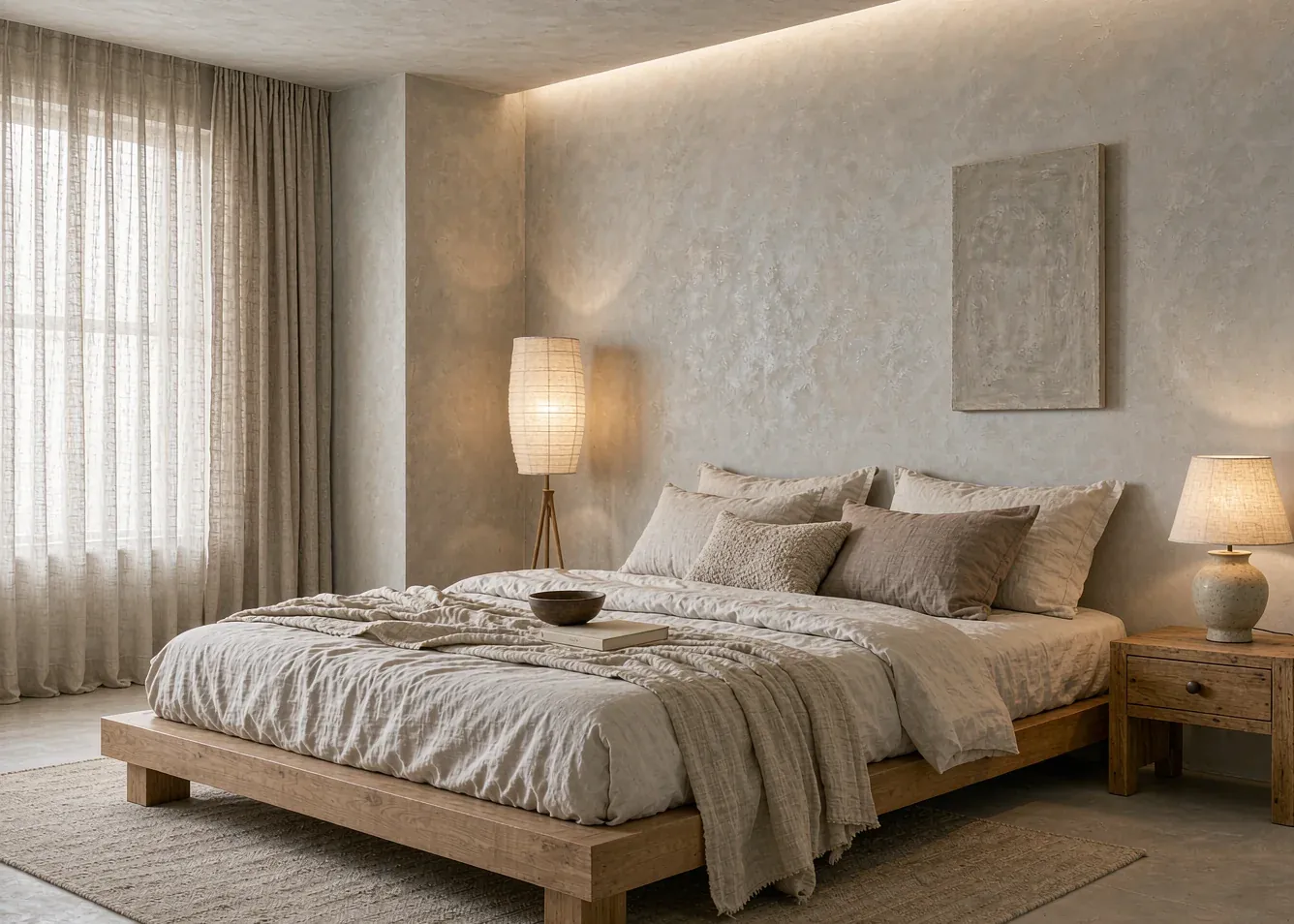 Wabi-sabi bedroom with limewashed walls and linen bedding