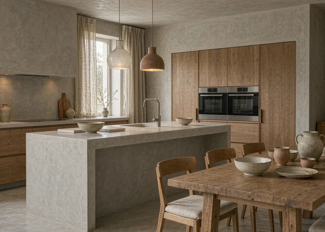 Wabi-sabi open kitchen and dining with microcement countertop