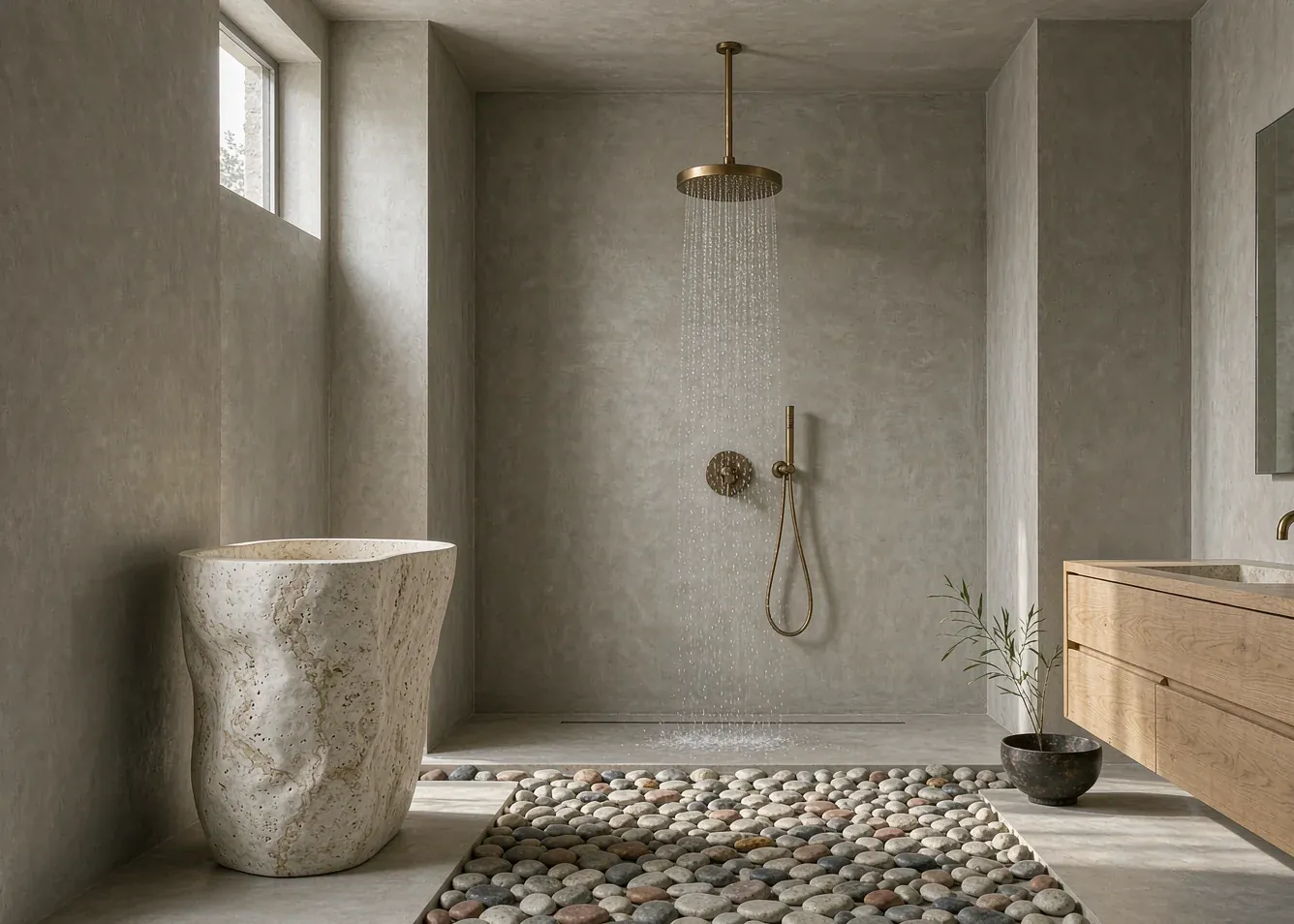 Wabi-sabi bathroom with microcement walls and stone sink