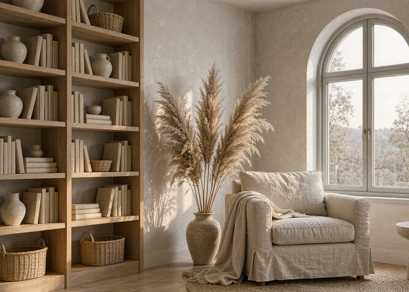 Wabi-sabi reading nook with built-in oak bookshelf
