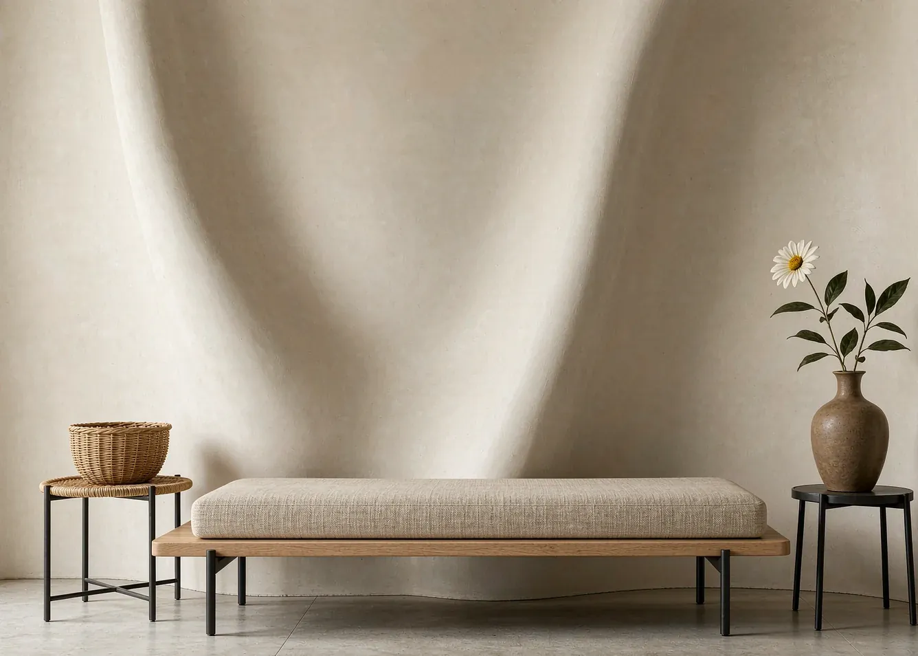 Wabi-sabi entryway with curved plaster wall and wooden bench