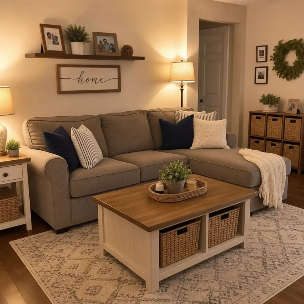 Family-friendly cozy living room with durable sofa, storage baskets, and warm lighting