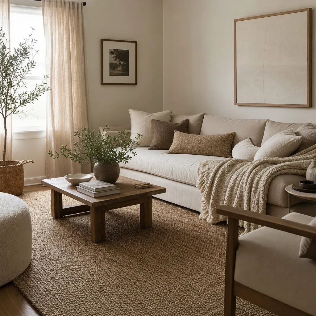 Neutral living room with woven rug, linen curtains, and soft layered textiles