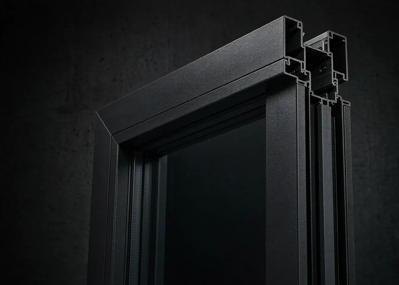 Matte black aluminum window frame corner detail with thermal break
