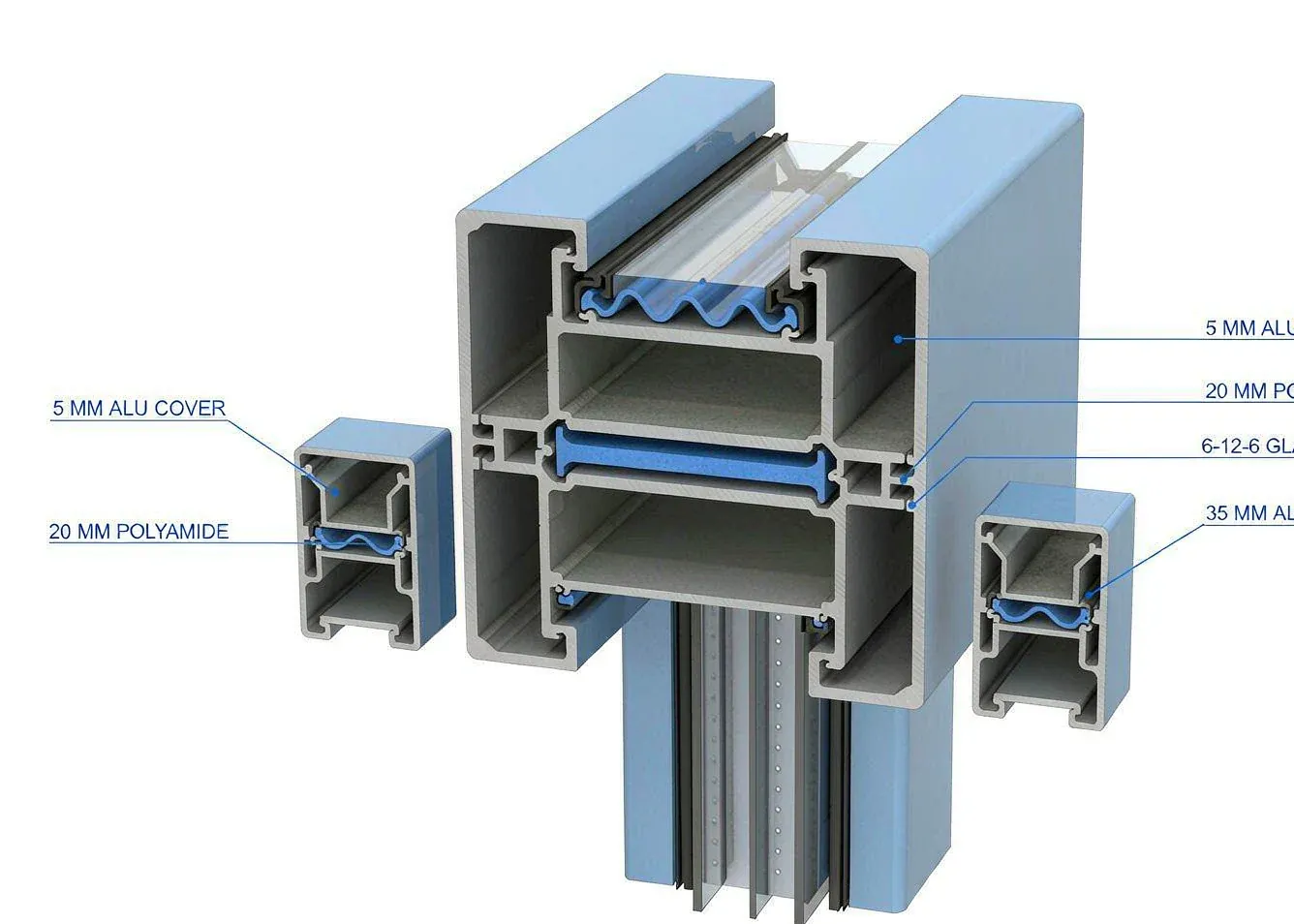 Thermally broken aluminum window profile cross-section diagram