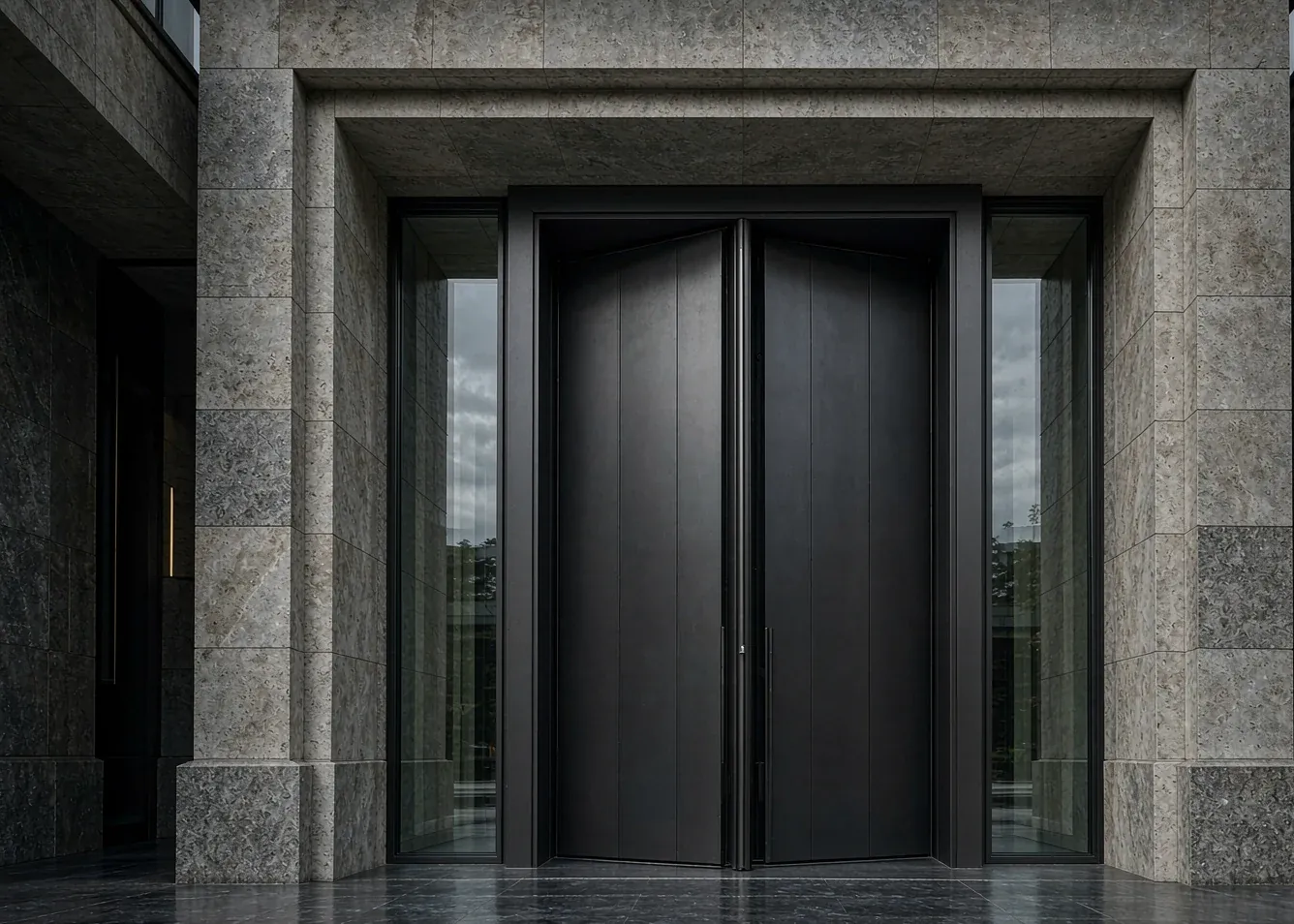 Oversized charcoal aluminum pivot front door with glazed sidelights