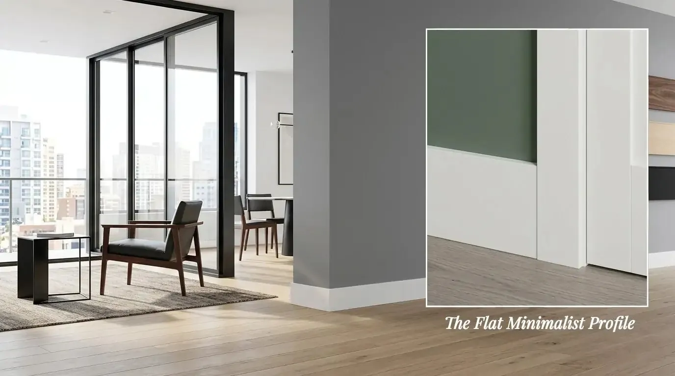 Subtle stepped edge baseboard trim along a beige wall