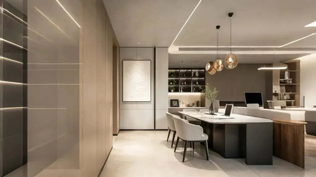 Seamless baseboard transition in a contemporary open plan interior