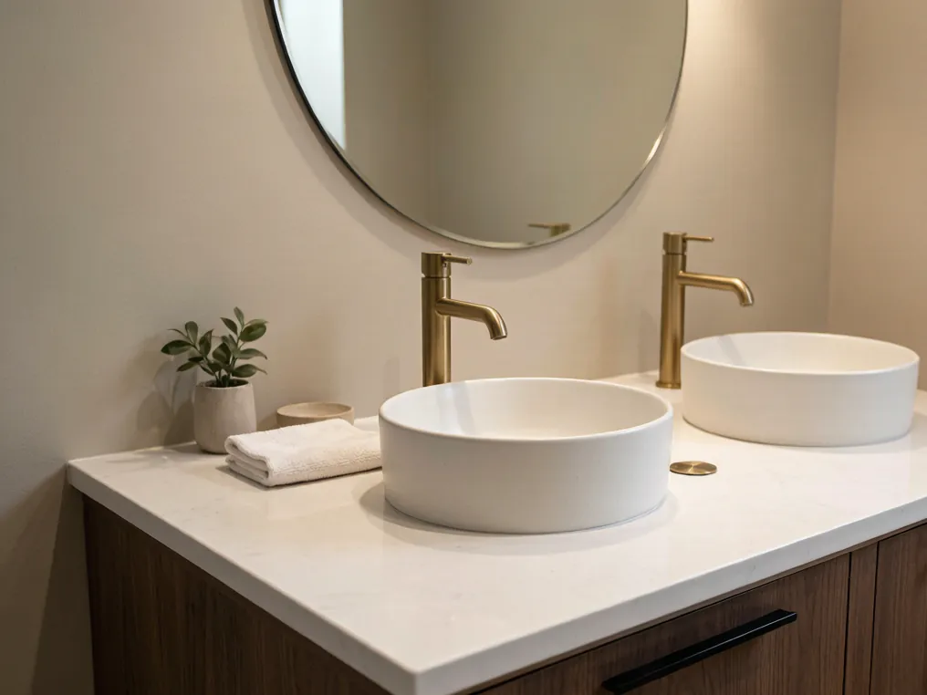 Double vanity bathroom idea with quartz countertop and brass faucets