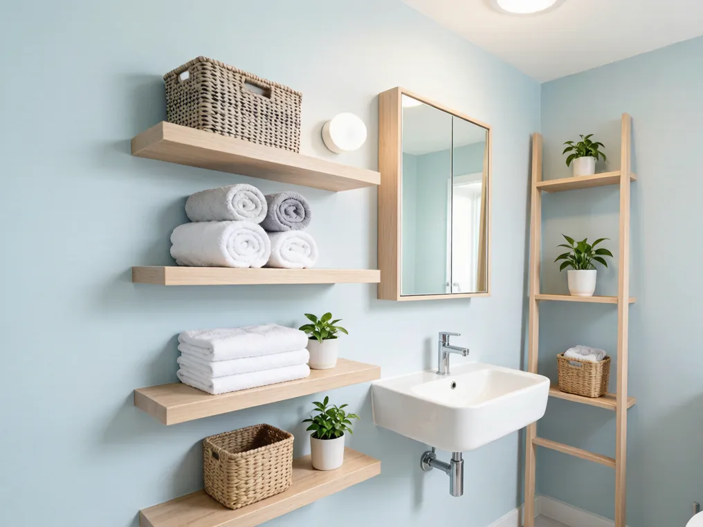 Small bathroom storage ideas with floating shelves and ladder shelf