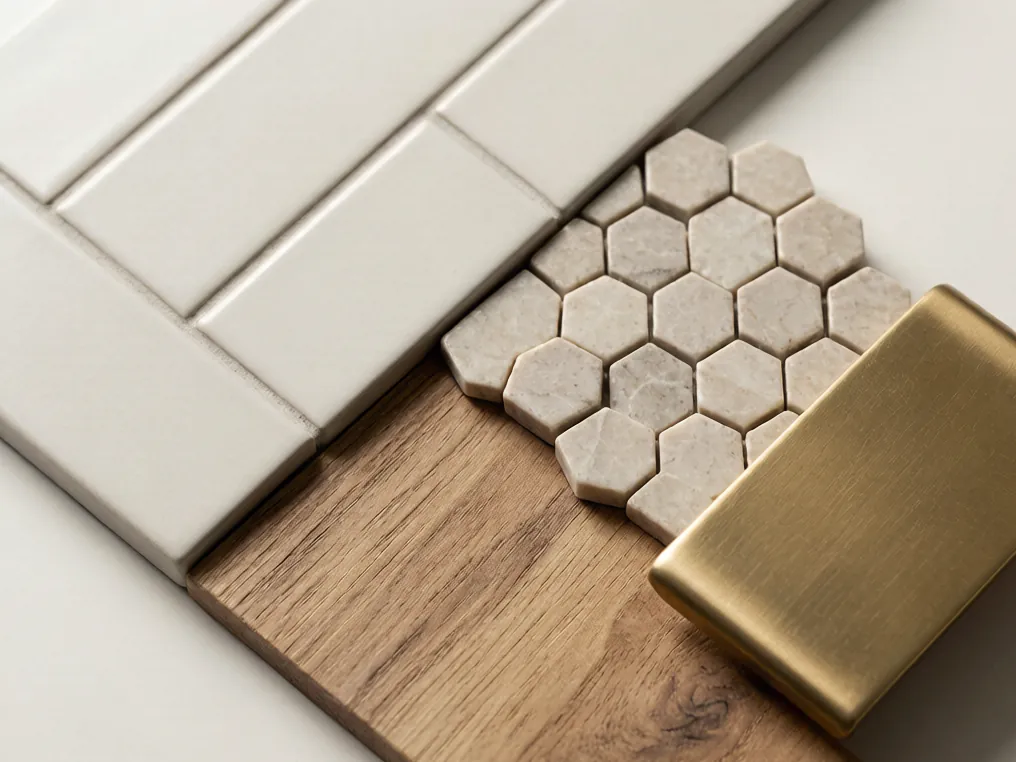 Bathroom renovation materials: porcelain tile, marble mosaic, wood-look plank and brass