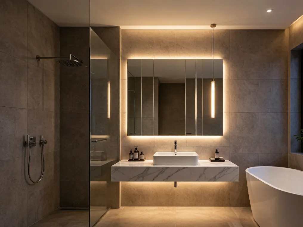 Layered bathroom lighting idea with backlit mirror and pendant light