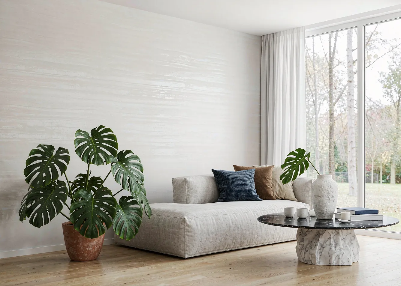 Modern minimalist living room with monstera and oak flooring
