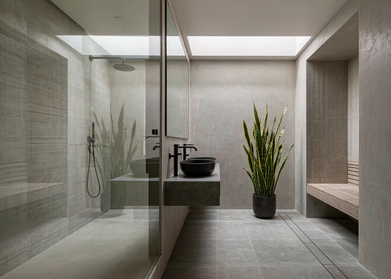 Modern minimalist bathroom with grey tiles and snake plant
