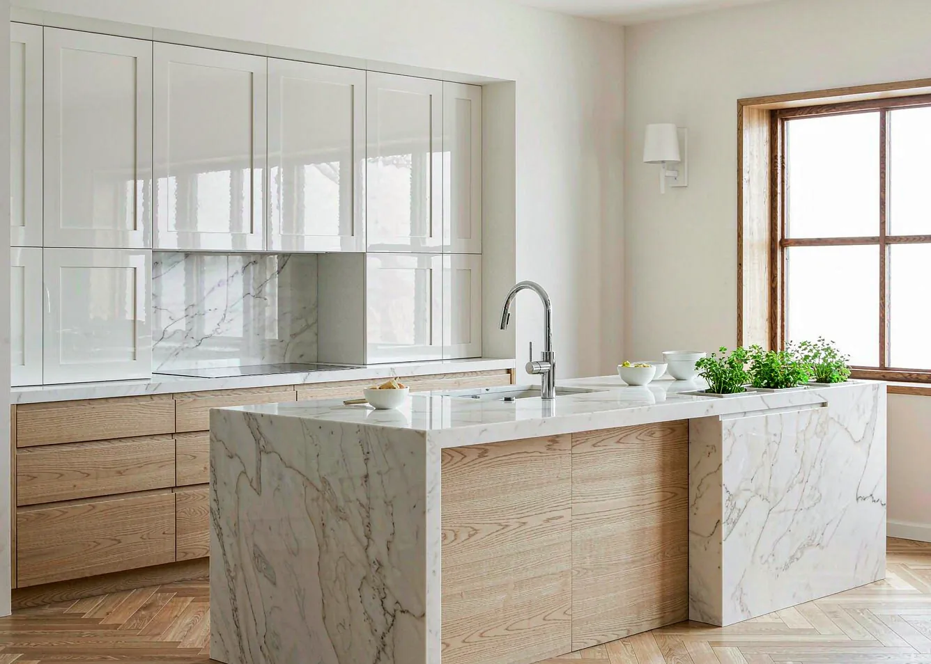 Modern handleless kitchen with marble island and herb planter