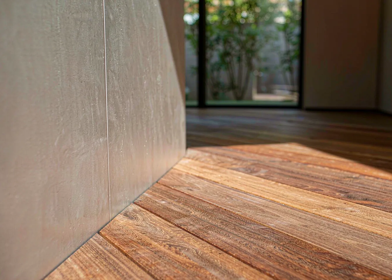 Close-up natural hardwood decking plank with rich grain and knots