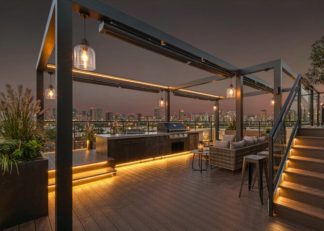 Rooftop terrace with composite decking, pergola and warm LED step lighting
