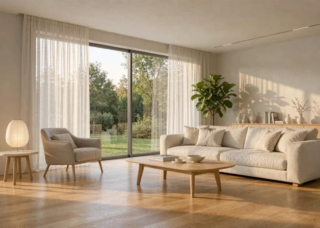 Bright living room with wide-plank oak hardwood flooring and large windows