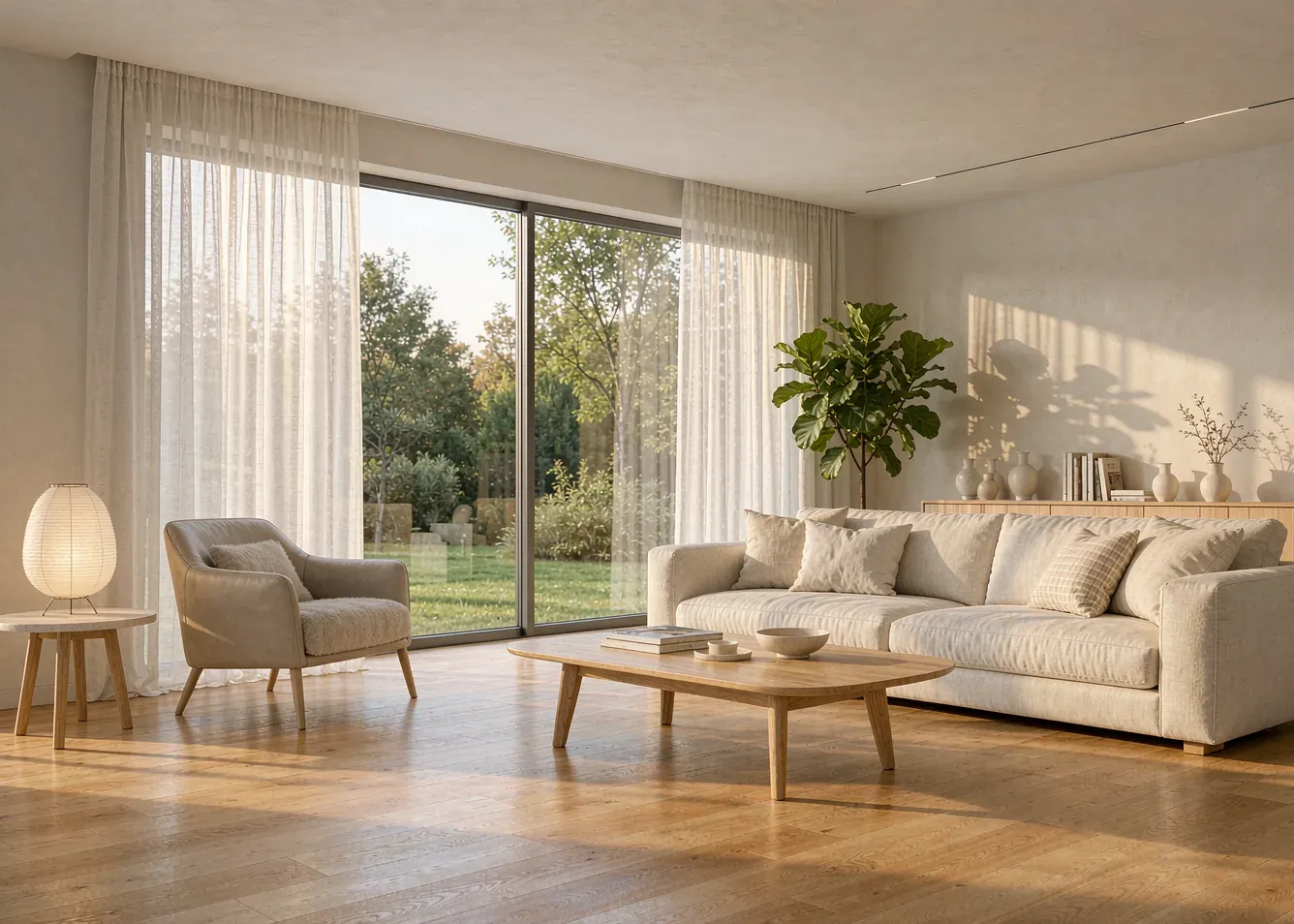 Bright living room with wide-plank oak hardwood flooring and large windows