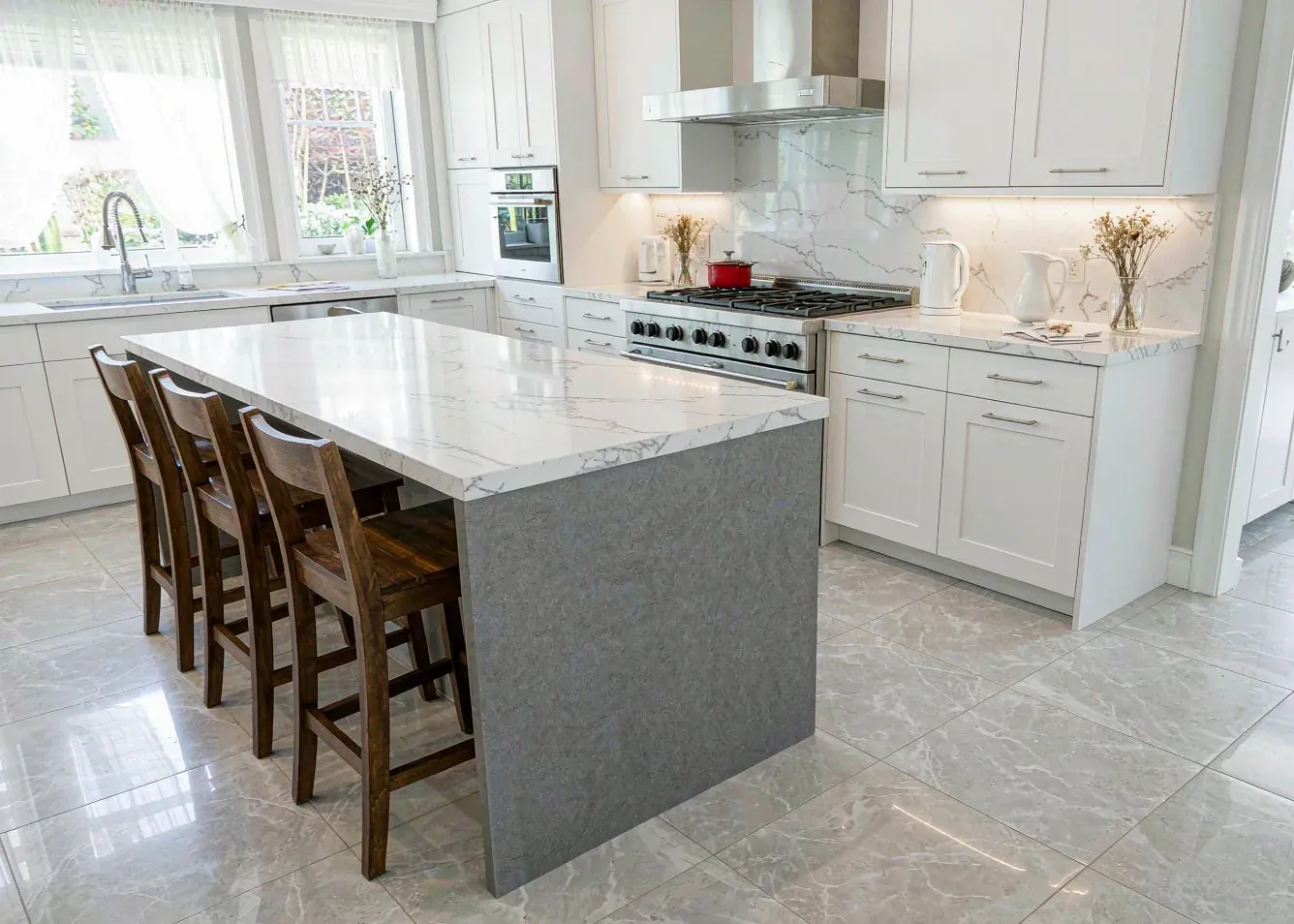 Modern kitchen with large-format light grey porcelain tile flooring