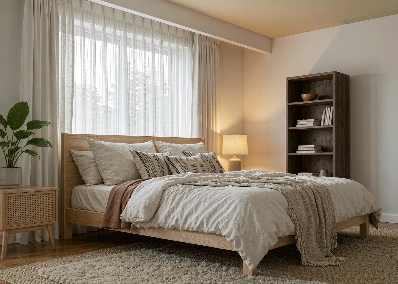 Cozy bedroom with plush carpet and a layered area rug