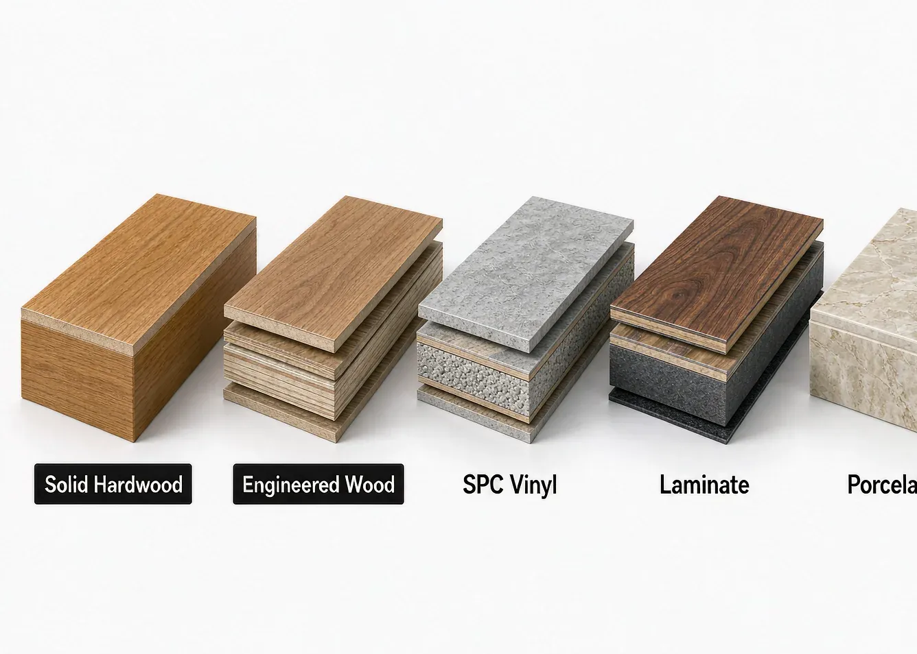 Cutaway diagram comparing hardwood engineered SPC laminate and tile flooring layers