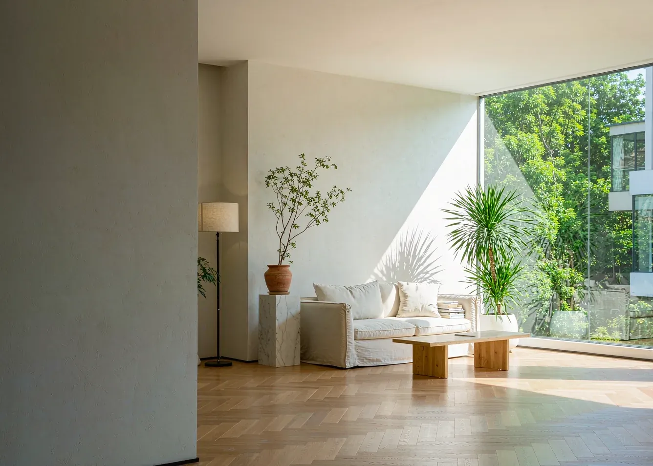 Bright modern living room showroom with oak flooring and natural light