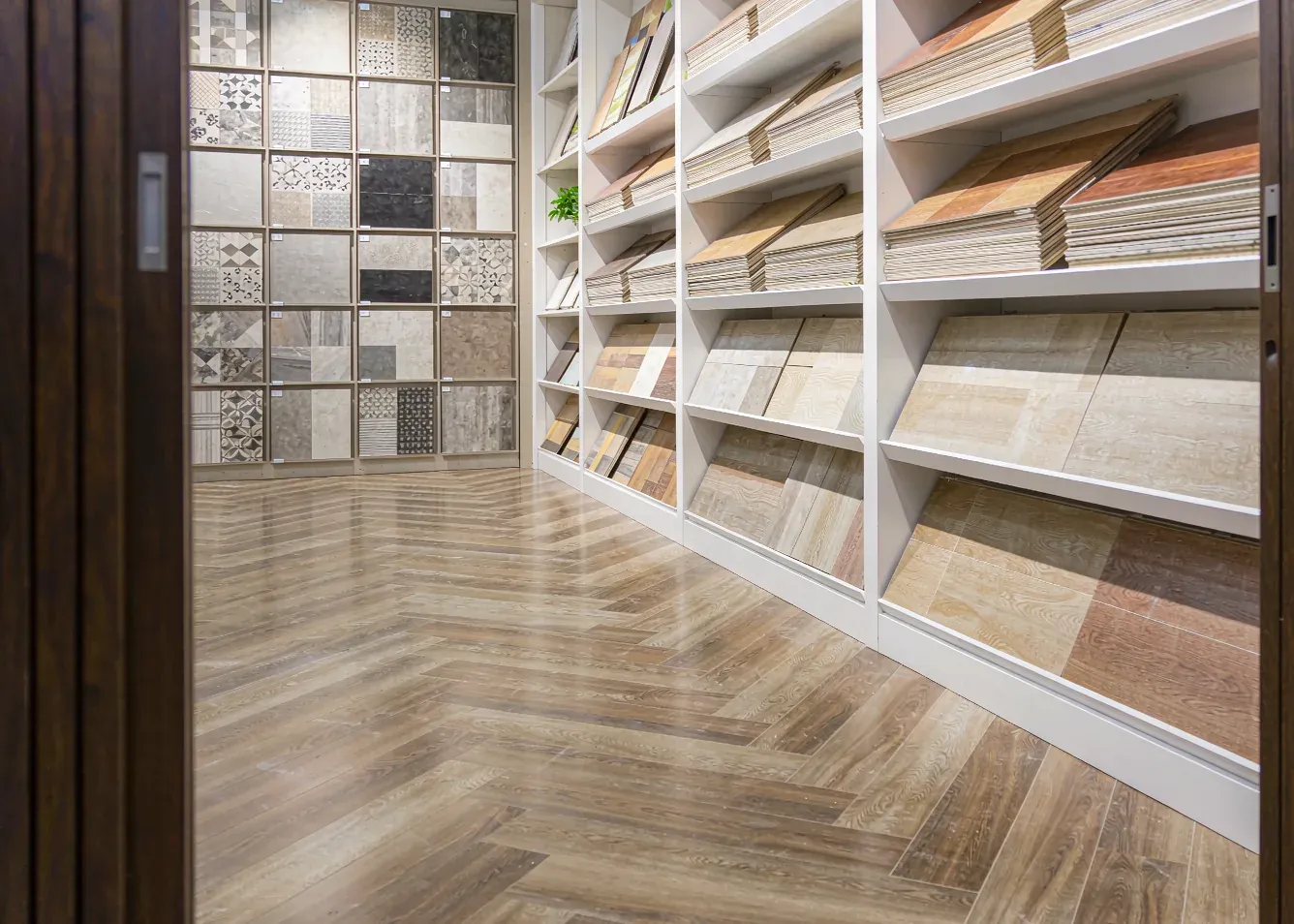 Premium building-material showroom wall display with tile and wood samples