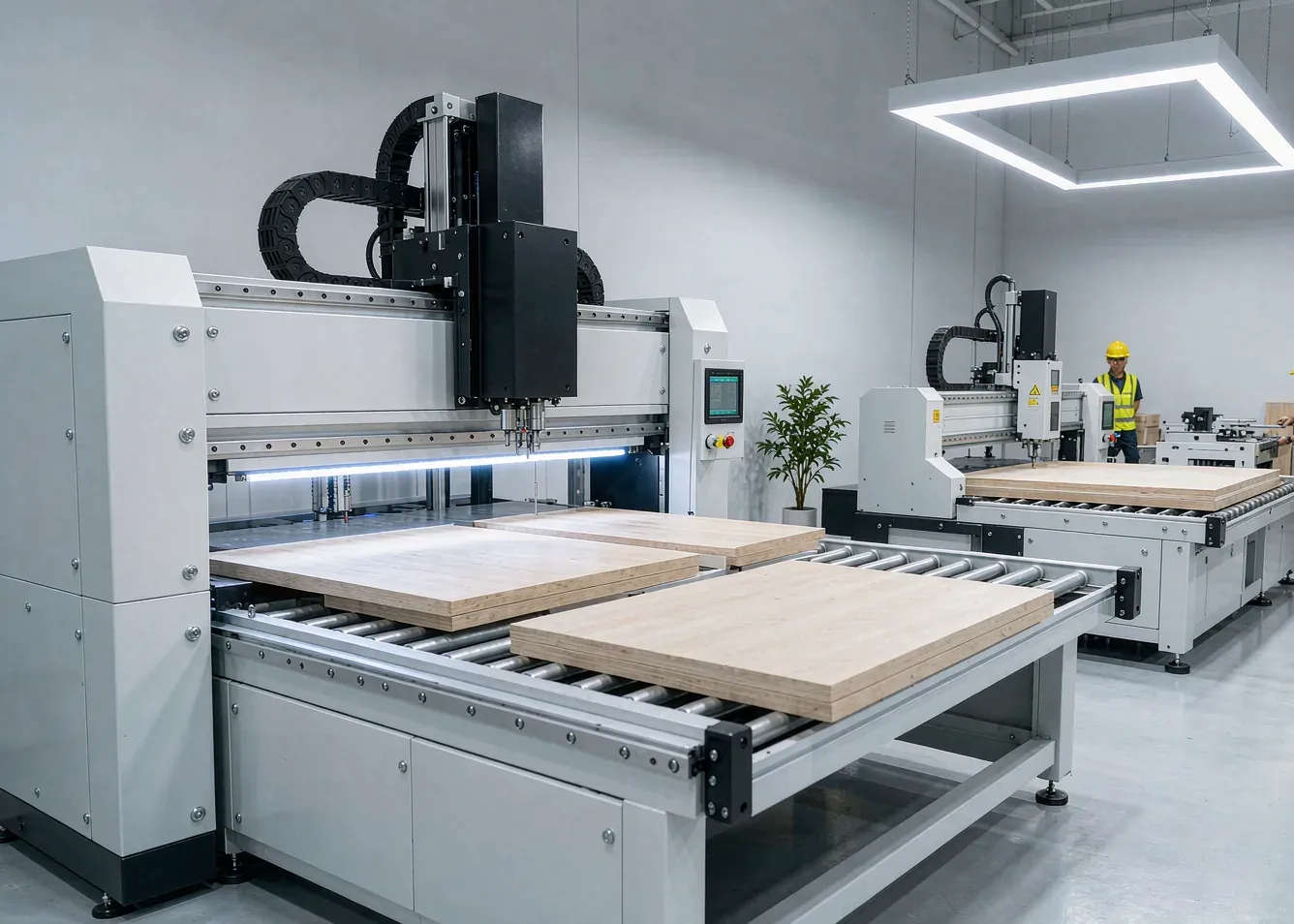 Modern woodworking factory with CNC routers and quality control