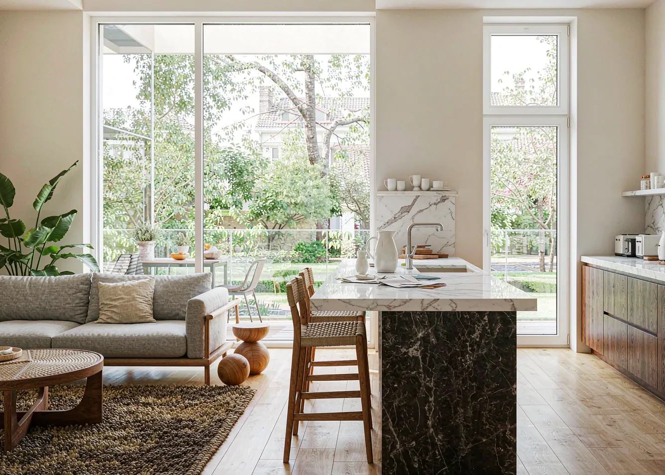 Open plan home renovation trend with marble waterfall island and oak floors
