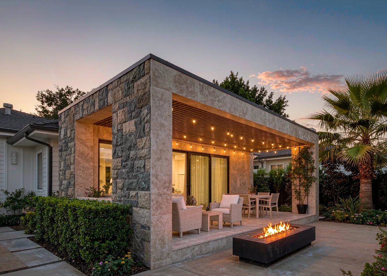 Indoor-outdoor living renovation with covered patio, fire pit and stone cladding