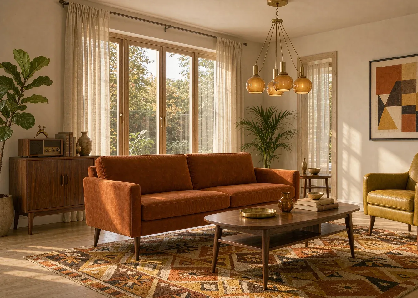 Mid-century modern living room with walnut furniture and caramel accents