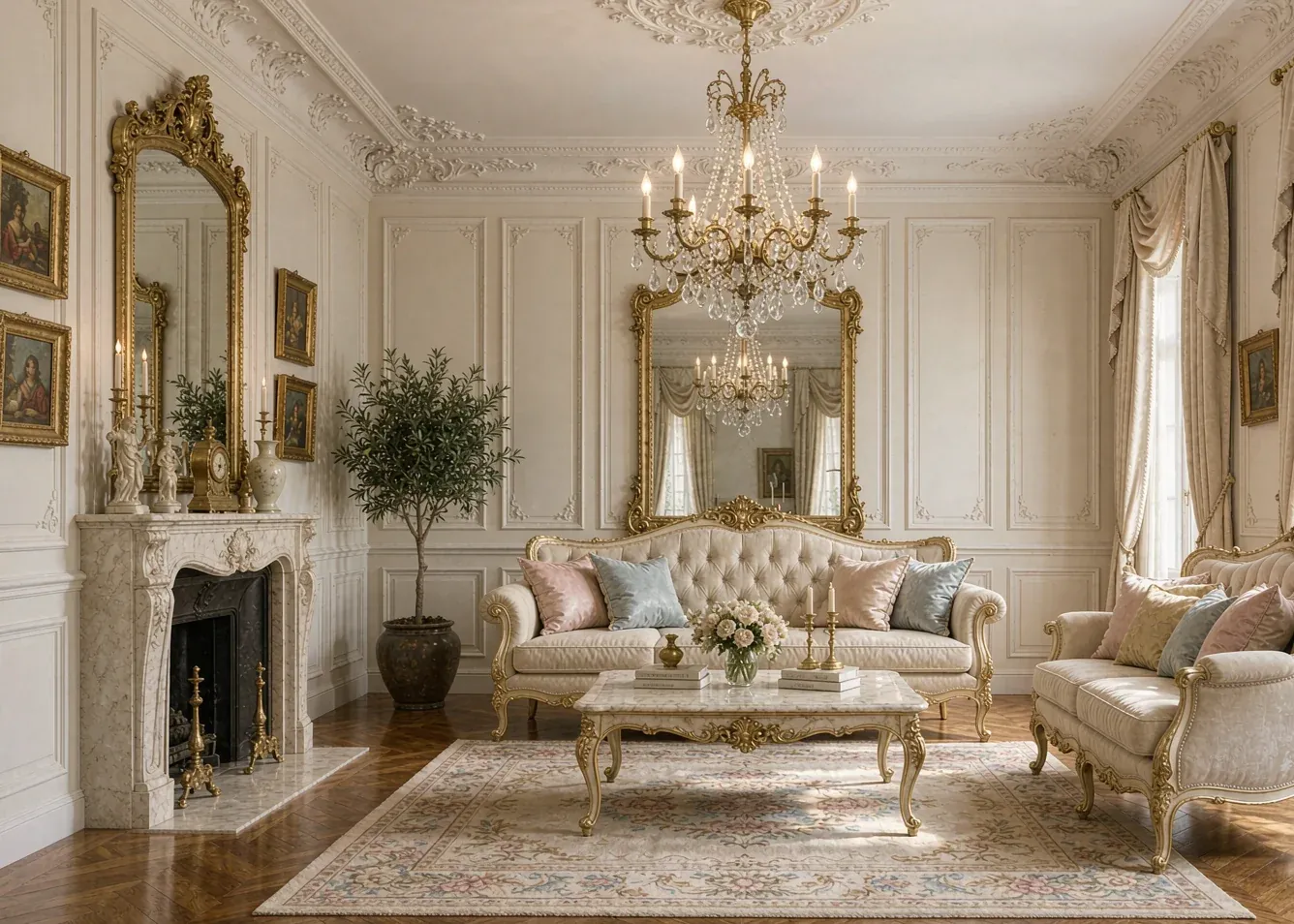French elegant living room with ornate molding and crystal chandelier