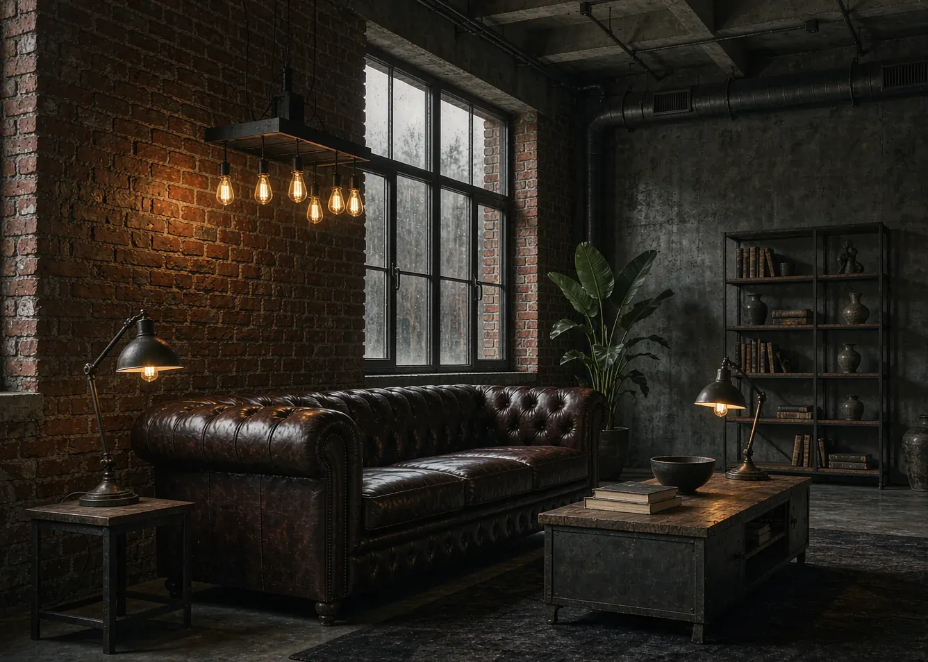 Industrial loft living room with brick wall and black metal frames